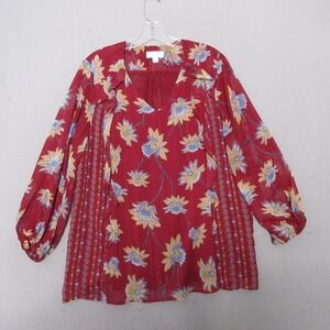 Belle Kim Gravel Top Large Red Floral Chiffon Blouson Sleeve‎ Ruffle Boho Flowy